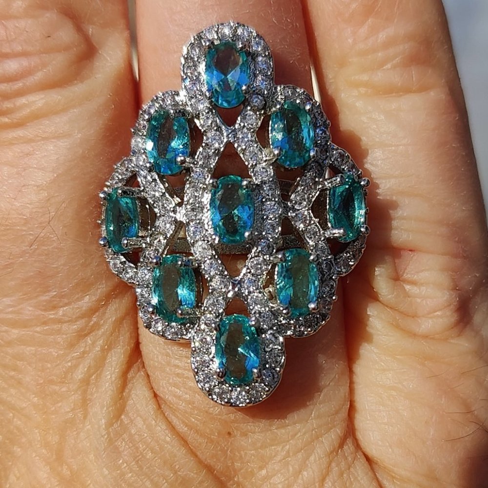 Blue/Green Aquamarine and White Topaz Ring